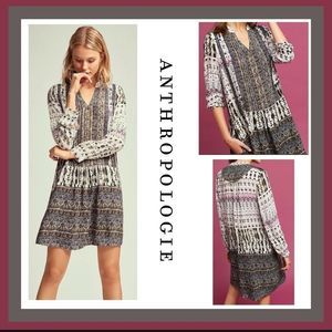 Anthropologie Cream and Navy Printed Long Sleeve Dress